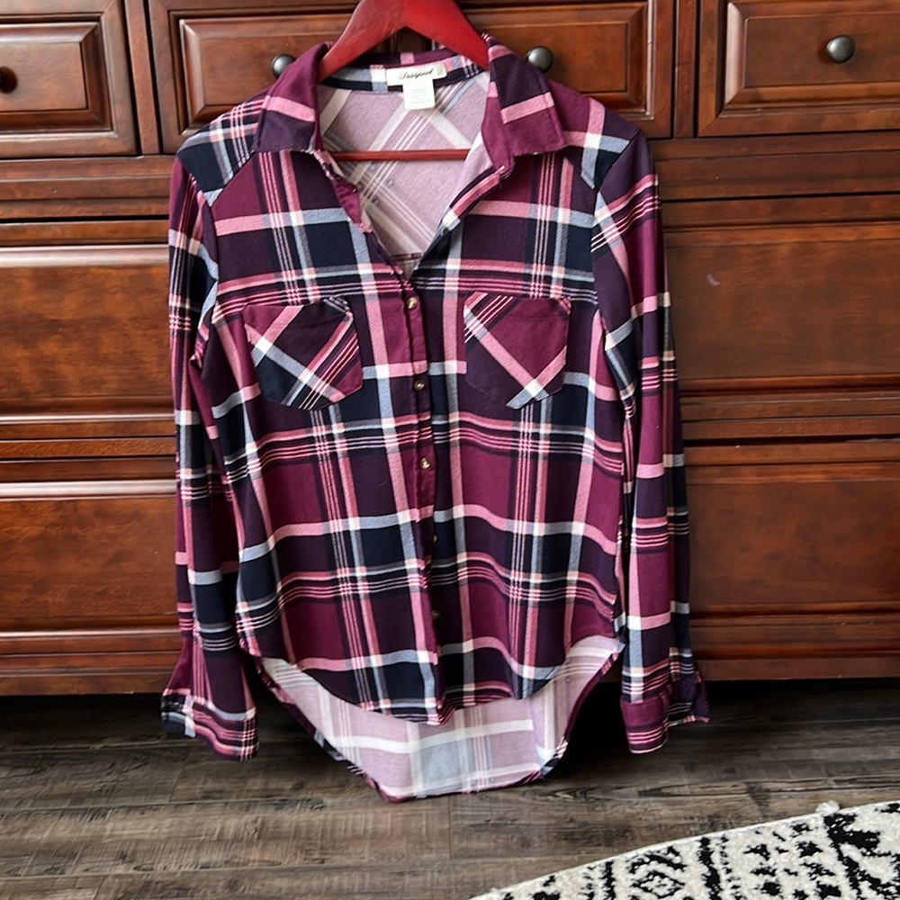 Passport Flannel Top L jewel toned plaid